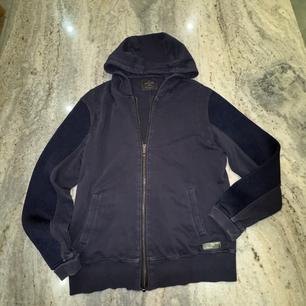 JET LAG Full Zip Hoodie Navy Blue Mesh Sleeves Logo Casual Travel Size XXL